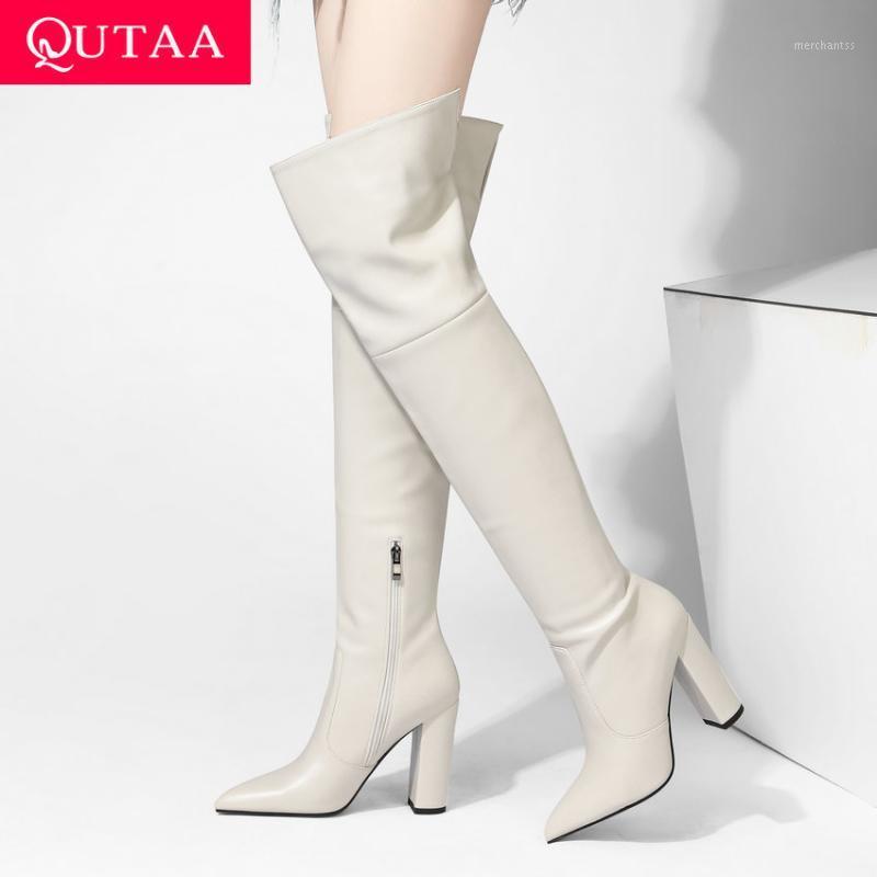 

QUTAA 2021 Square High Heel Over The Knee Boots Pointed Toe Zipper Women Shoes Autumn Winter PU Leather Long Boots Size 34-431, Black