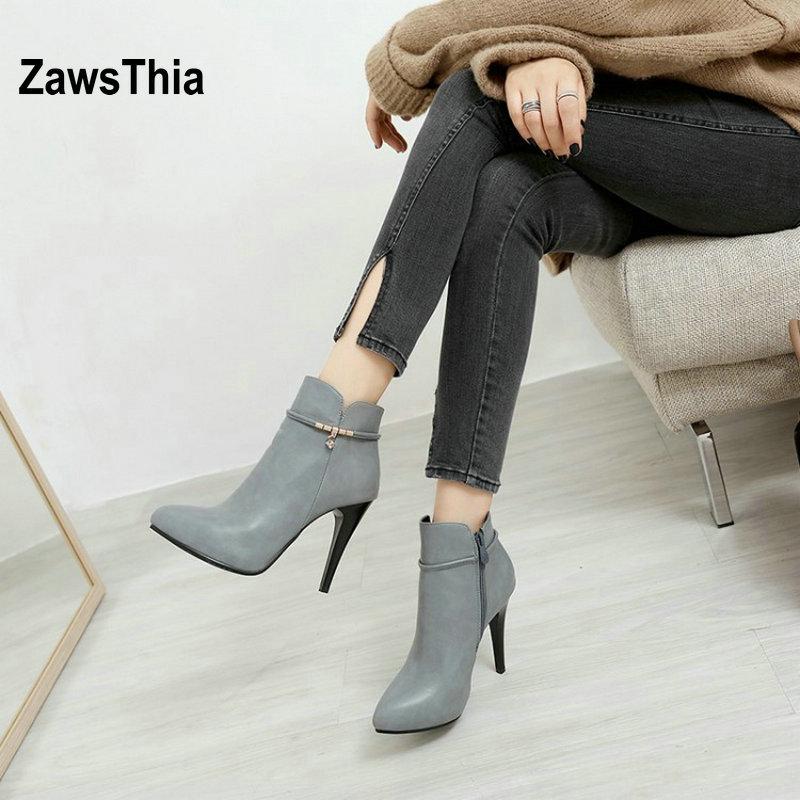 

ZawsThia mature sexy woman ankle boots winter classic pointed toe pumps shoes for women super thin high heels boots size 33-46, Brown