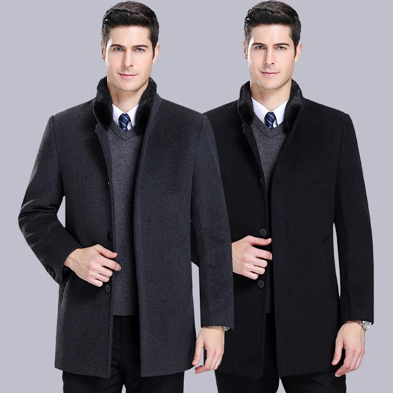 

middle aged and elderly standing collar coat men's medium and long windbreaker thickened cashmere warm dad's clothes, Gray