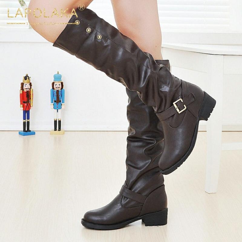 

Lapolaka 2021 New Design Large Size 43 British Style Thick Heels Short Plush Winter Warm Mid Calf Boots Women Boot Ladies Shoes, Black