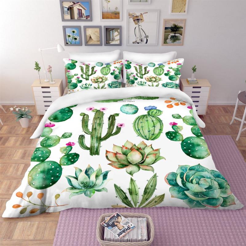 

2/3pcs Green Plants Bedding Sets Cactus Luxury Quilt Cover Tropical Plants Duvet Cover Queen King Size Comforter Bed Set, Color-15