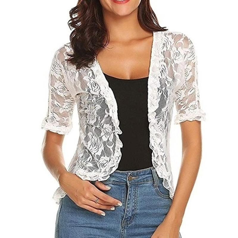 

Women' Sexy Mesh Sheer Blouses Tops Long Sleeve Streetwear Lace Crop Tops V-Neck Slim Fit Buttons Solid Color Fashion Cardigan, White