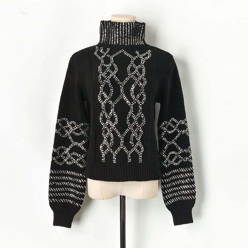 

New Autumn 2021 Winter Gross Women Sweaters Neck Malha Pullover Luxury Striked Lantejoulas High Street Jumpers Top Nweg, Beige