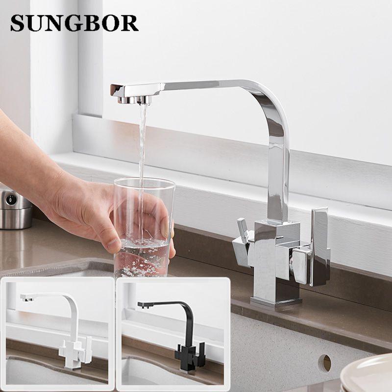 

Black Square Kitchen Faucets 360 Degree Rotation 3 Way Water Filter Tap Water Faucets Solid Brass Kitchen Sink Tap Mixer