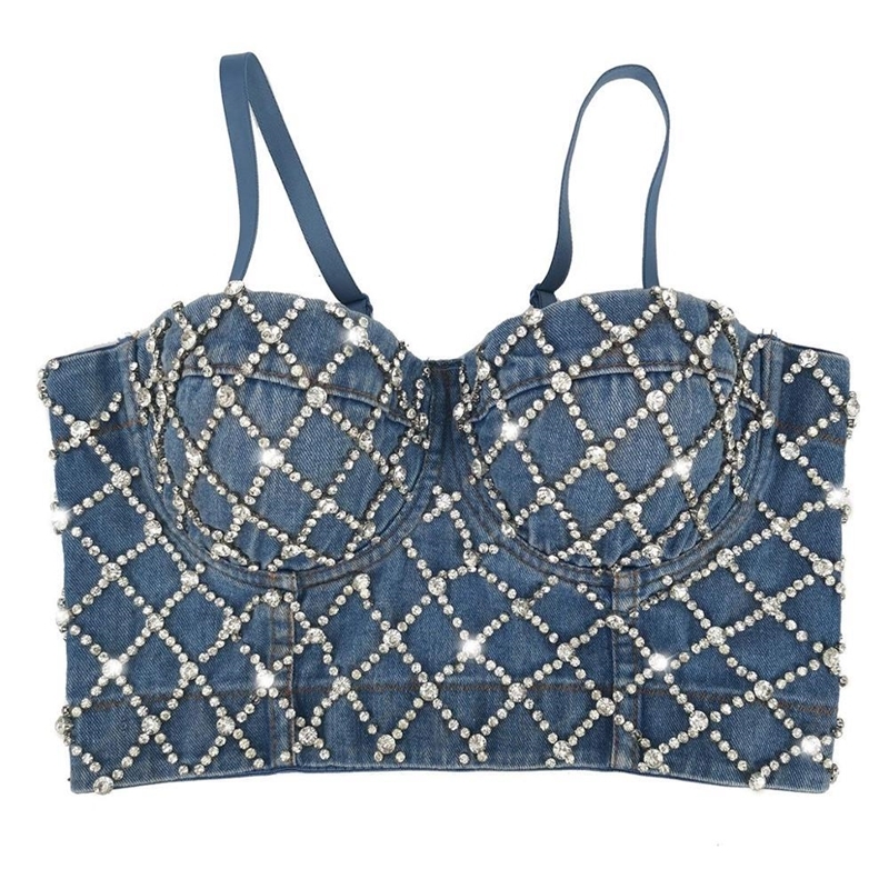

Rhinestone Cropped Diamond Push Up Denim Bra Women's Sexy Glitter Top Party Christmas Halloween Black Bralette Camis Y200415