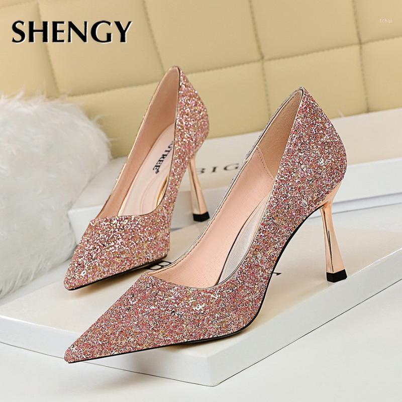 

2020 SHENGY Office Bling Thin High Heels Women Shallow Fashion High Heels 8cm Pumps Party Shoes1, Black