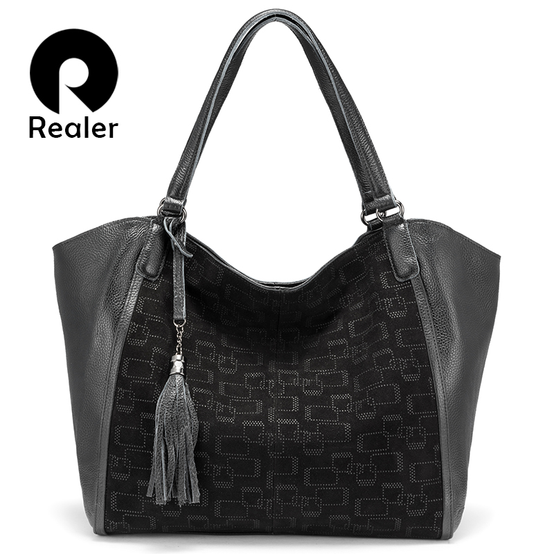 

REALER leisure women handbags female genuine leather totes ladies large capacity shoulder bags messenger bag with tassel 2019, Black