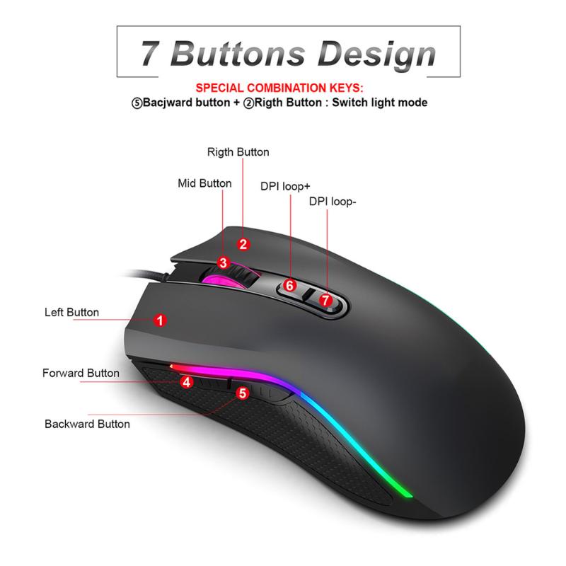 

Wired RGB Gaming Mouse 7 Programmable Buttons 7200 DPI Adjustable Optical Gaming Mouse RGB Back light For FPS Gamer