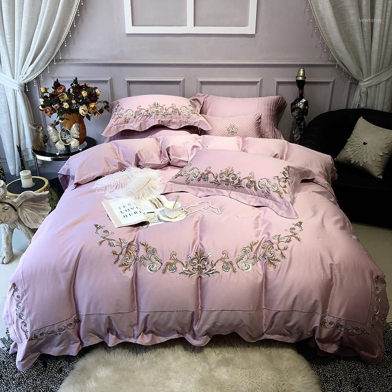 

Embroidery Egyptian Cotton Pink Bedding Set King size Queen Bed set Bed Sheet Fitted sheet Duvet Cover parure de lit1, Bedding set 1