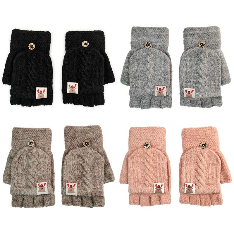 

Winter Women Christmas Deer Print Knitted Flip Gloves Soft Elastic Outdoor Thicken Warm Fingerless Half Capped Mittens