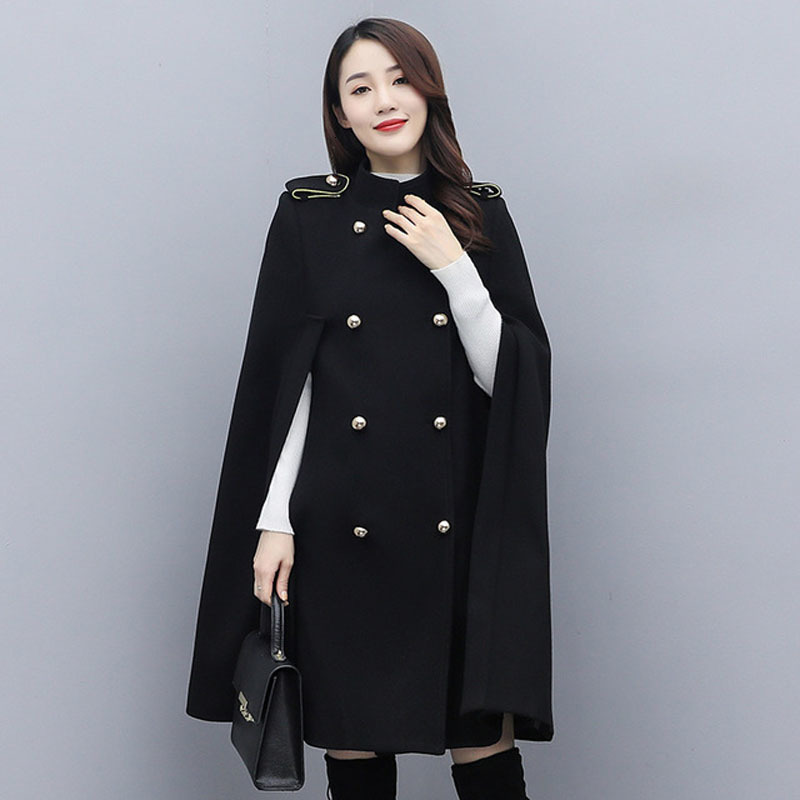 

2021 New Long jacket female double breasted military oversized streetwear wool British style handle work party poncho coat 0OLW, Black