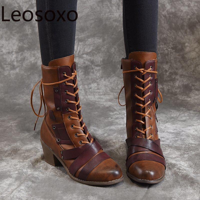 

Plus-size35-43 Boot Girl 2020 Style European And American Vintage Matching Color Thick Heel Lace-up High Boots, Green