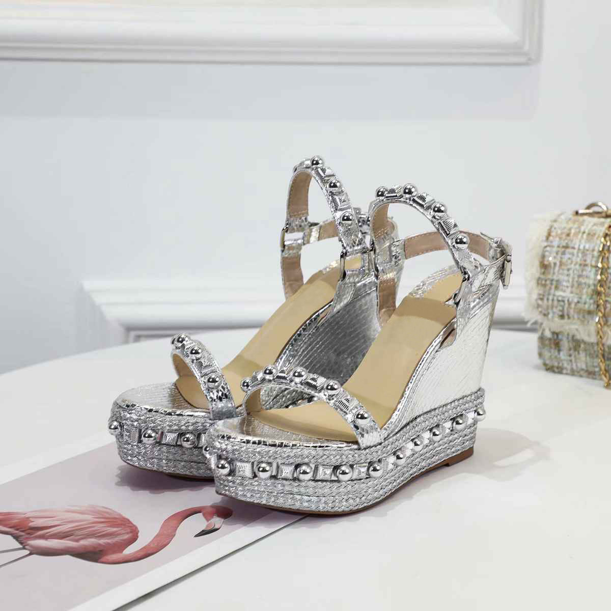 

2021 Brand Women Pumps Wedding Shoes Woman High Heels sandal Nude Fashion Ankle Straps Rivets Shoes Sexy High Heels Bridal Shoes with box, 23