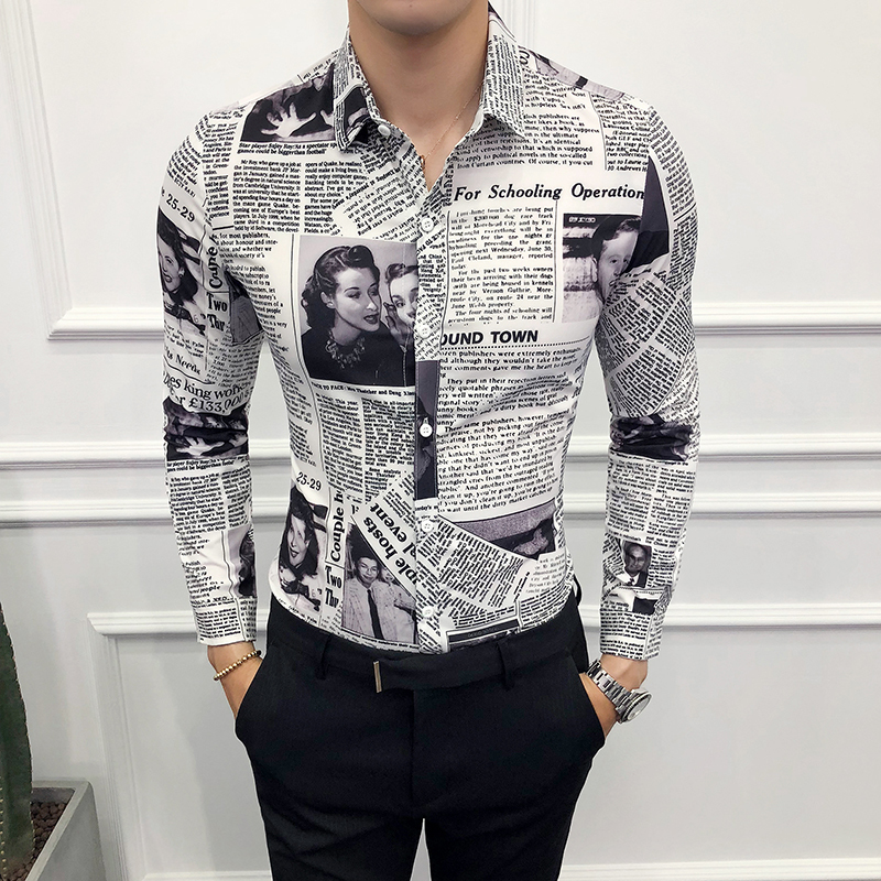 

2020 Early Spring New Custom Male Shirt Long Sleeves, Large Size 5xl Fashion Figures Printed Newspaper Tops E79t, Photo color