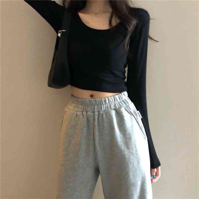 

Fashion T Shirt Women Long Sleeve Boat Round Neck Top Tee Shirt Streetwear Korean Clothes Women Tops, White