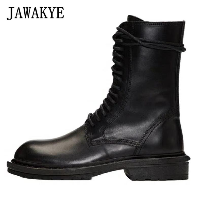 

Genuine Leather Chunky Heel Ankle Boots Women Lace Up Flat Heels Motorcycle Short Winter Botas Mujer, Black flat heel