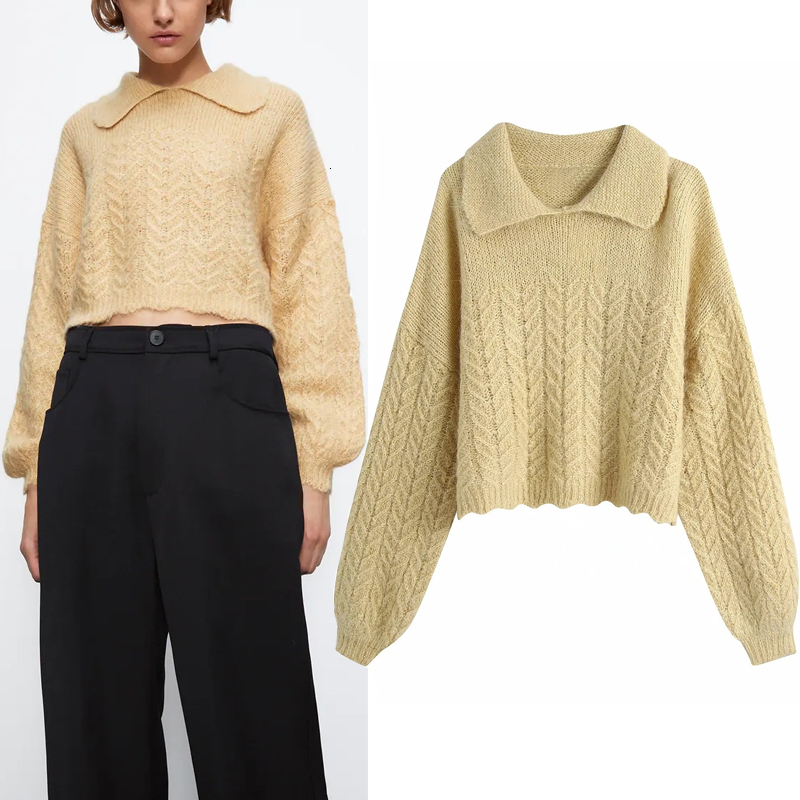 

2021 New Yellow Knitted Cropped Sweater Women Autumn Winter Vintage Lapel Collar Long Puff Sleeve Harajuku Sweaters Pullovers D5b8