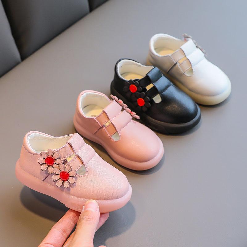

Flowers Girls' Leather Shoes Princess Shoes Spring Soft-soled Baby Toddler, Black