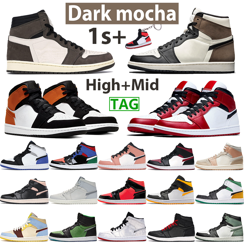 

High dark mocha travis scotts 1 basketball shoes 1s mens sneakers clay green mid milan unc chicago white black royal gym red trainer, Box