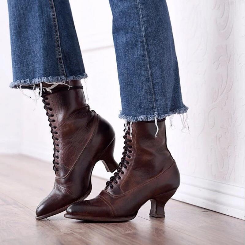 

Autumn New Shoes Ladies Full Lace-up Leather Ankle Boots Women Stiletto Heel Botas Mujer2020 Pointed Toe High Heels Winter Boots, Black