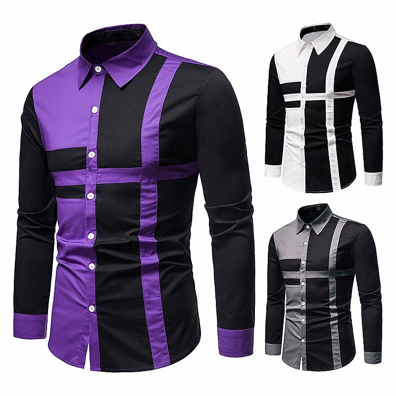 T-shirt pour hommes Autres impressions Bouton Couleur Bouton Down Collier Daily Manches à manches longues Tops coton blanc violet gris T6iw #