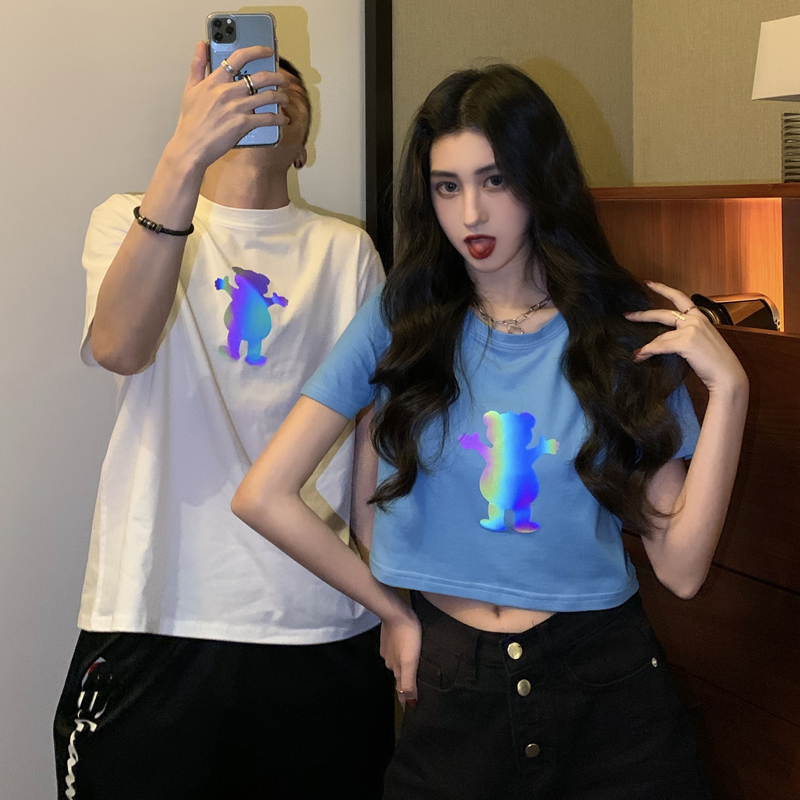 

2021 New 3-color summer Korean cartoon style print short sleeves best friends shirts of women loose casual tops t-femme shirt (c2528) H9J6, 2528 blue