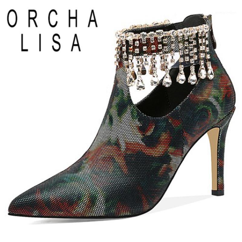 

ORCHA LISA Ladies Elegant Ankle Boots Pointed Toe 8.5cm Thin High Heels Rhinestone Back Zipper Big size 33-40 Causal Party C18631, Green