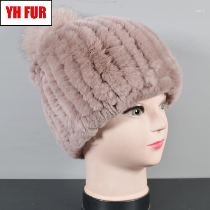 

Winter Natural Real Rex Fur Hat Women Elasitc Warm Handmade Knitted Real Rex Fur Caps Pompoms Beanies Cap1, Grey