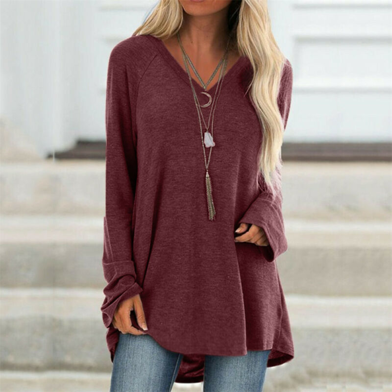 

Women Casual Long Sleeve Pullover T Shirt Solid Color Fashion V Neck Loose Casual Tops Spring Women Clothes, Black