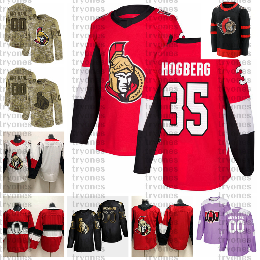 

2021 Customize #35 Marcus Hogberg Ottawa Senators Jerseys Golden Edition Camo Veterans Day Fights Cancer Custom Stitched Hockey Jerseys, White