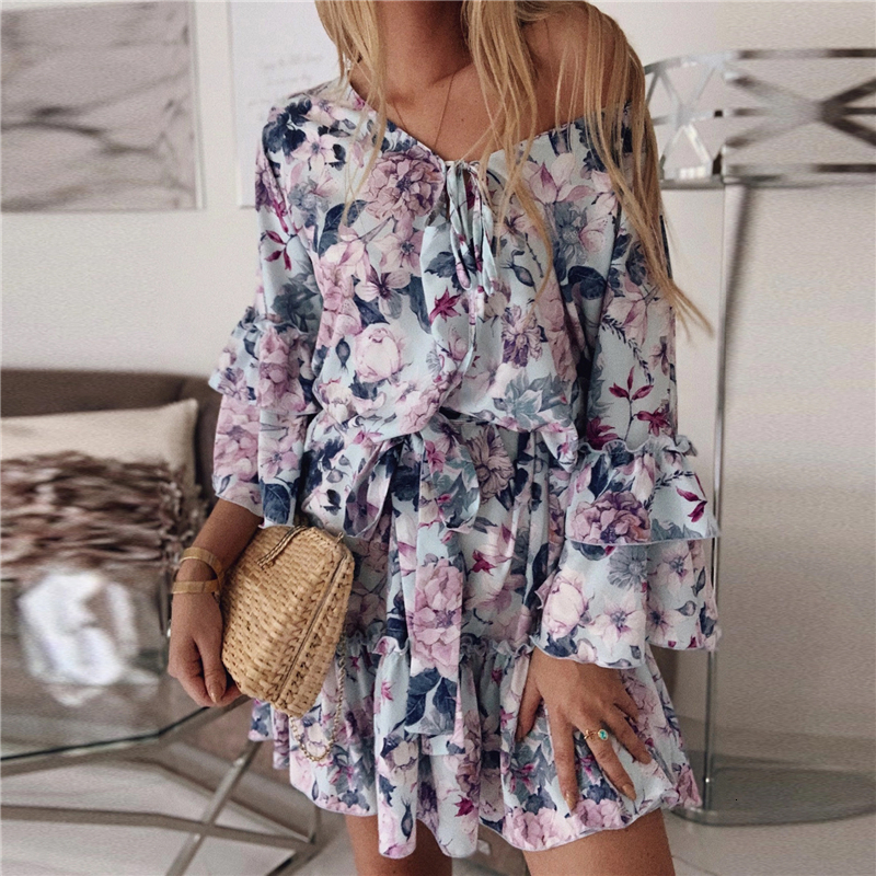 

2021 New Autumn v Neck Cascading Ruffles Floral Women Long Flare Sleeve Loose Print Female Boho a Line Mini Beach Vestidos 9l3d, Wd351bl