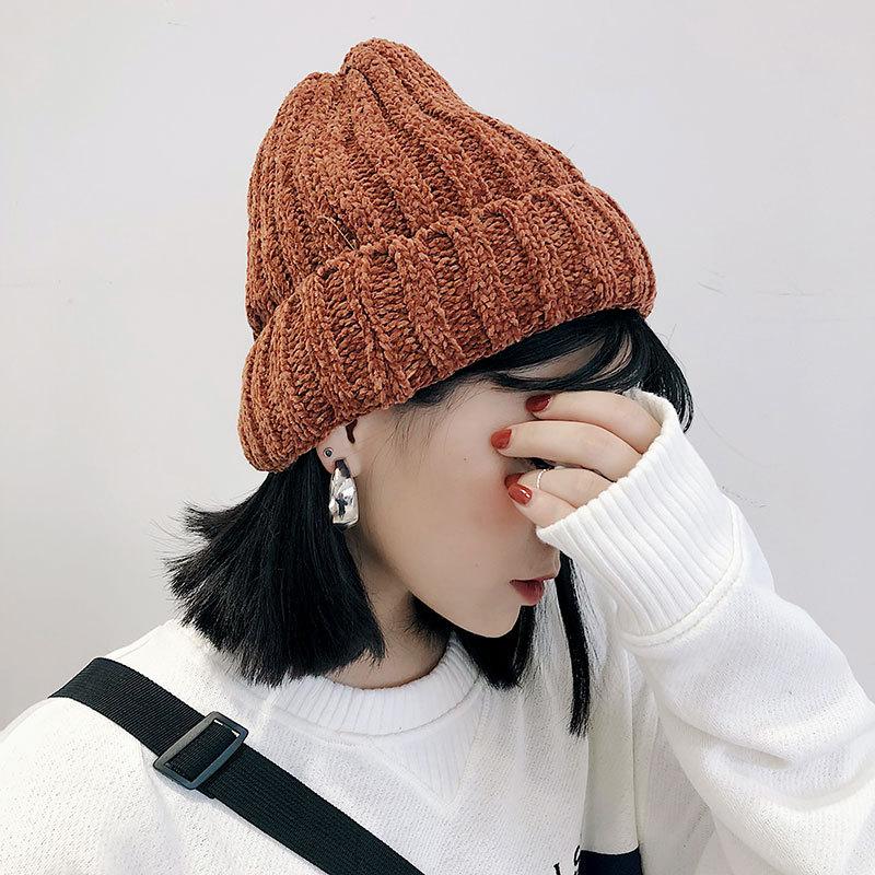 

Autumn Winter Women Solid Warm Knit Elastic Chenille Thicken Hats Fashion Caps Lovers Hooded Street Skullies Hat Caps, Pink