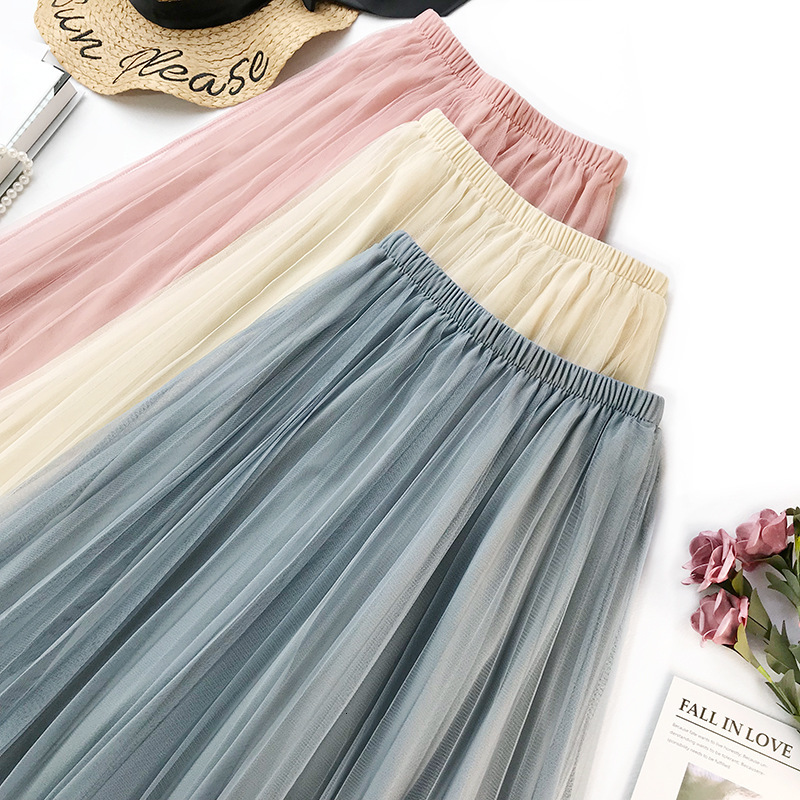

2021 New Fashion Spring Summer Vintage Skirts Womens Elastic High Waist Tulle Mesh Long Pleated Tutu Skirt Female Jupe Longue 38m8, Black