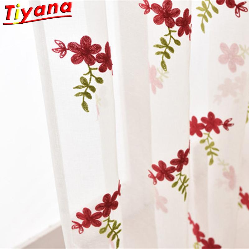 

3D Embroidery Red Flower Fabric Coffee Tulle Curtain for Living Room Translucidus Rural Window Drapes X-WP261#30, Embroidered tulle