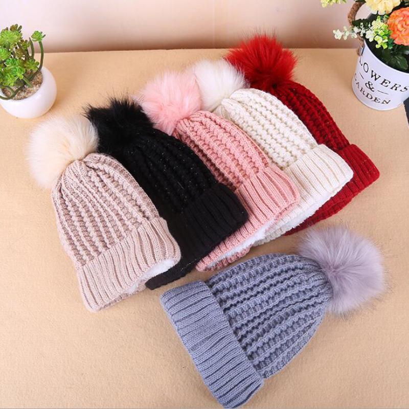 

Children Winter Warm Knitted Hat Plus Velvet Faux Fur Pom Poms Pompon Beanies Ski Caps Skullies Bonnet for Baby Kids Streetwear1