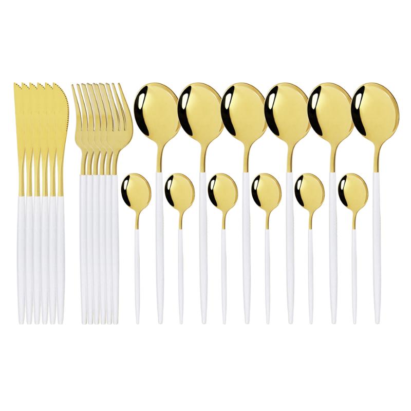 

White Gold Cutlery Set Stainless Steel Dinnerware Set 24Pcs Knives Forks Coffee Spoons Flatware Kitchen Dinner Tableware
