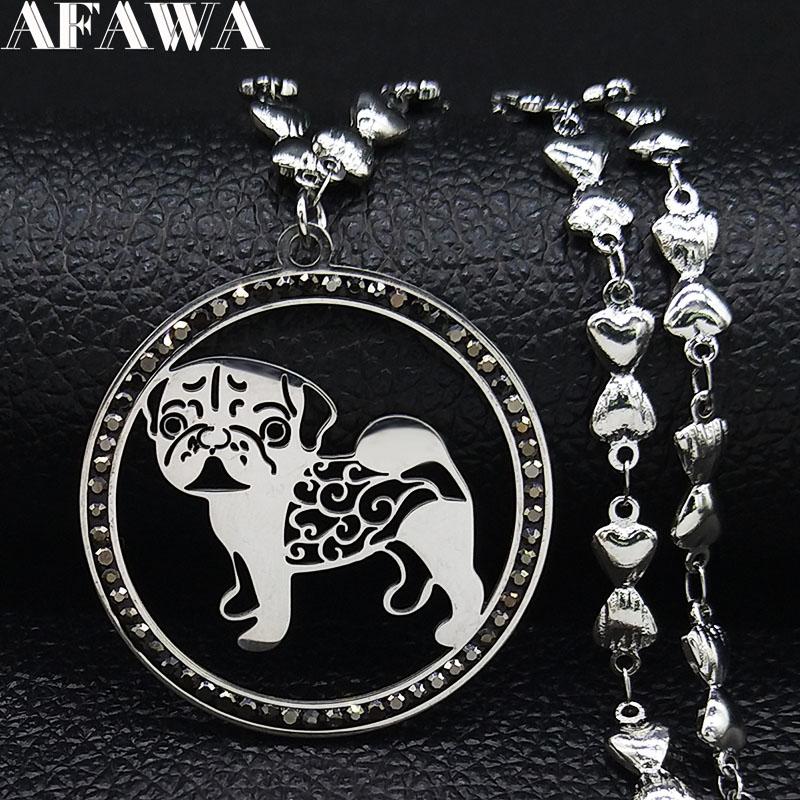 

2020 Fashion Pug Dog Crystal Stainless Steel Chain Necklace Women Silver Color Necklaces Pendants Jewelry bijoux femmeN69S01