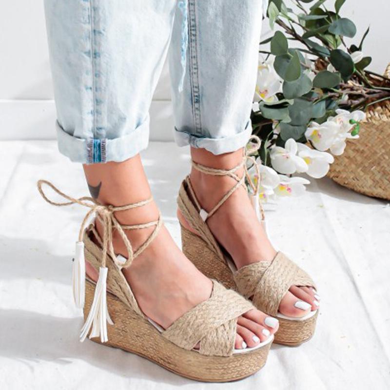 

Women Sandals Ladies Casual Tassel Lace Up Wedges High Heels Sandals Summer Fashion Female Roman Shoes Plus Size #F45, Bw