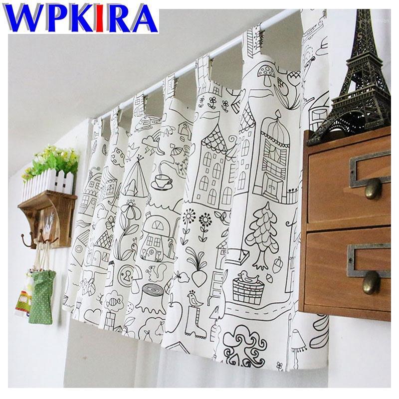

W135*H35cm Cartoon Stroke Pattern Small Coffee Curtains Semi-shade Door Curtains for Kitchen Short Door Tap Top AD0531, Style 01