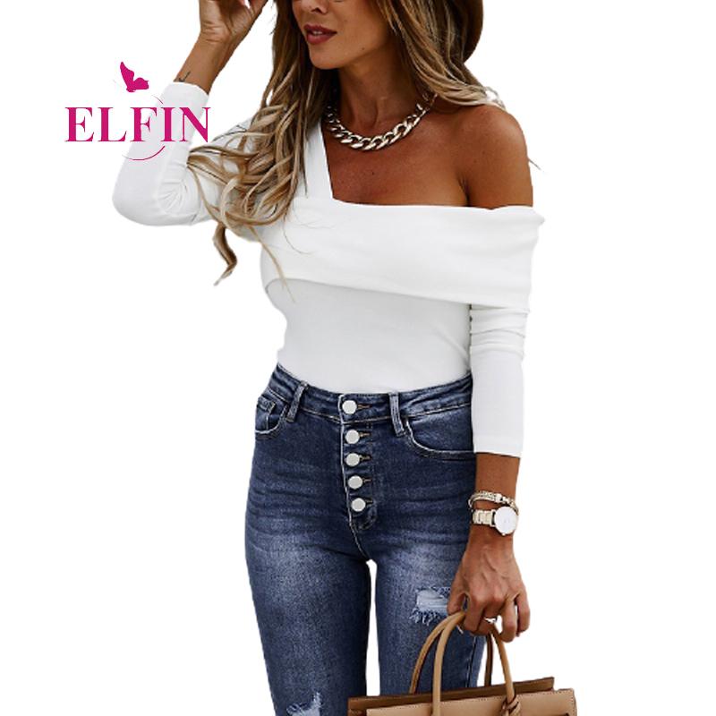 

2020 Solid Sexy Off Shoulder Women Irregular Long Sleeve Knitted T-Shirt Casual Slim Korean Clothes Female Tops Tee SJ7239R, Black