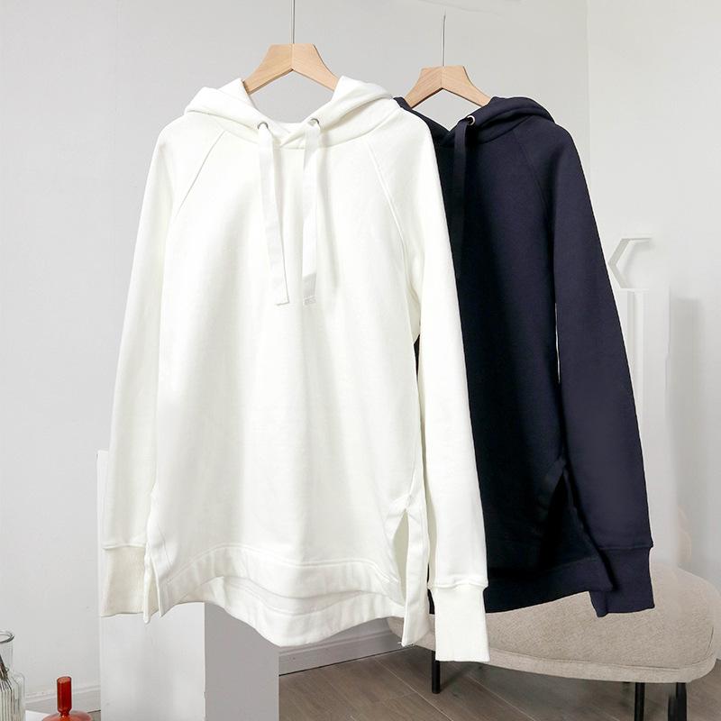 

2020 Autumn Women' Hoodies Solid Color Side Split Long Sleeve Loose Drawstring Casual Sweatshirt Tops, Dark blue pants
