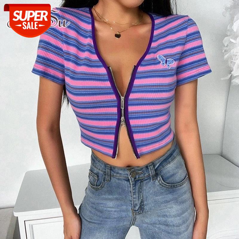 

ArtSu Sexy V Neck Striped Zipper Short Sleeve Crop Top T-shirt 2020 Summer Women Patchwork Butterfly Tshirt Femme ASTS21614 #vX06, White