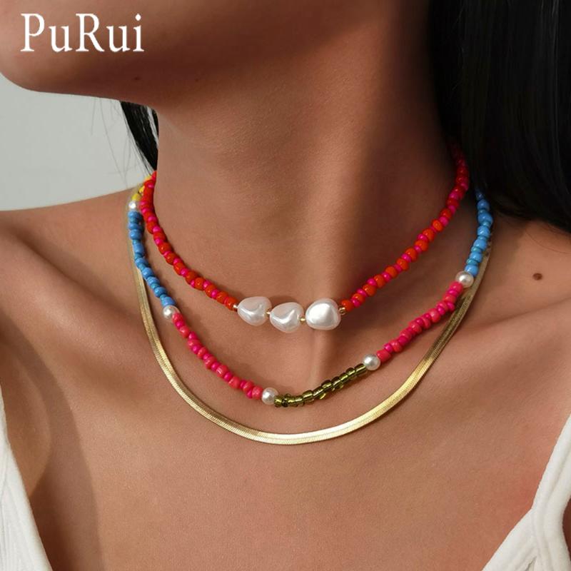 

2020 Bohemian Beaded Necklaces Multi Layer Girl Gold Color Snake Chains Alloy Necklace Pearl Chain Women Collares Collier femme
