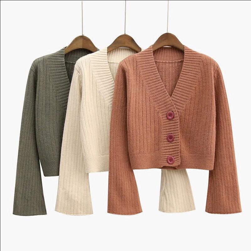 

2020 Cardigan Autumn Long Flare Sleeve Short Sweater Women Ribbed Knitted Cotton Tops Black White Ladies Soft Outwear Female, Brown