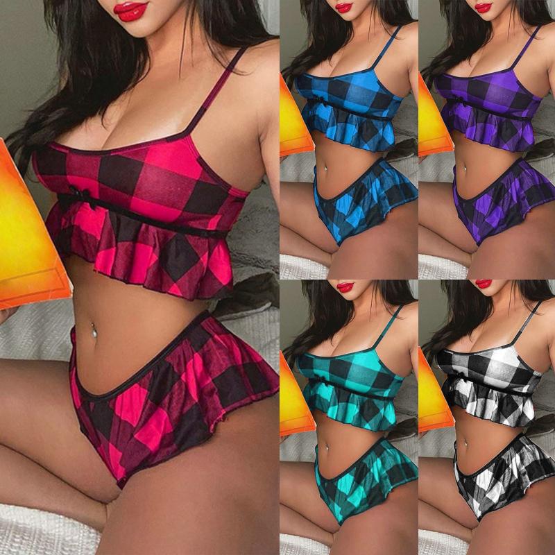 

S-XXL Multicolor Plaid suit Women Print Sleeveless Ruffles Bowknot Design Cami Shorts Lingerie Sleepwear Set cinturón mujer T5, As photo