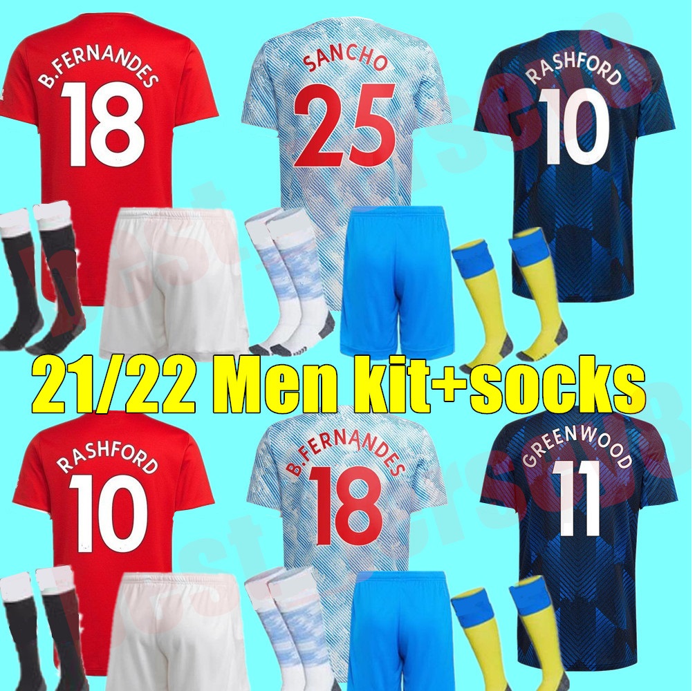 

New Manchester adult kit 21 22 SANCHO Man soccer jerseys CAVANI BRUNO FERNANDES POGBA RASHFORD R. Varane football shirts uTd 2021 2022 Men kits set, Home+champion patch