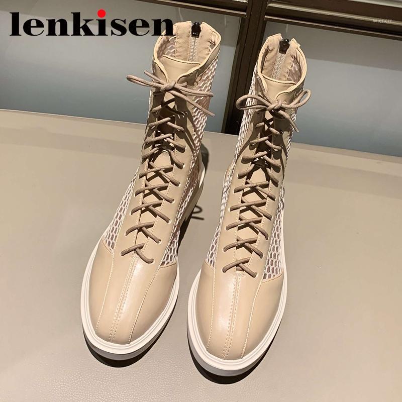 

Lenkisen hot limited customization plus size round toe med heel lace up French romantic elegant lady streetwear summer boots L061, Black