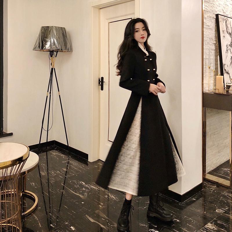 

Black waist slimming lace stitching mid-length woolen coat 2021 popular Korean style autumn and winter new women' woolen coat