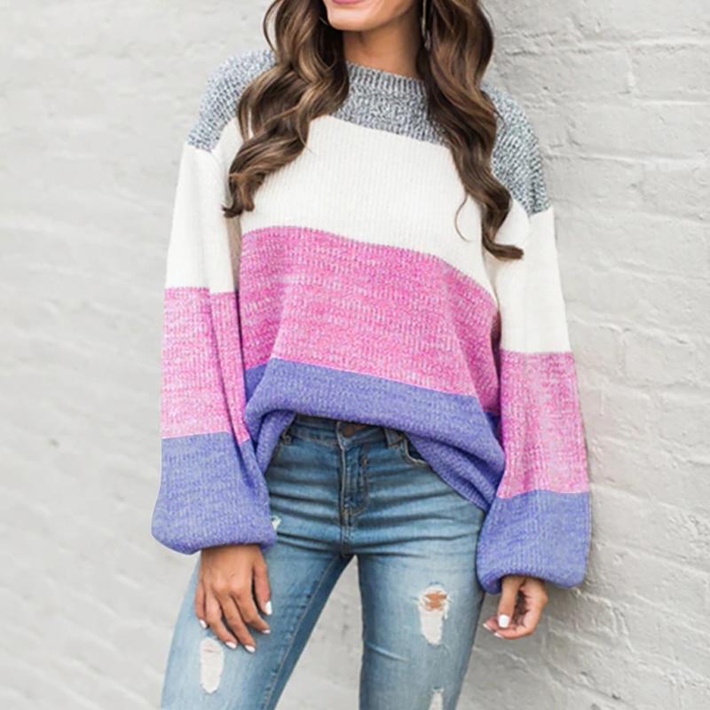 

Oversized Women Knitted Color Block Long Sleeve Pullover Tops Loose Sweater Fashion Atmosphere Round Neck Simple Short Winter, Pp