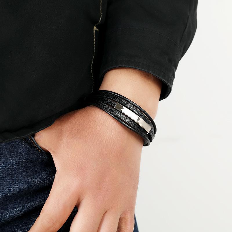 

Classic Genuine Leather Bracelet For Men Jewelry Multilayer Stainless Steel Magnet Handmade Wrap Bangle for Women